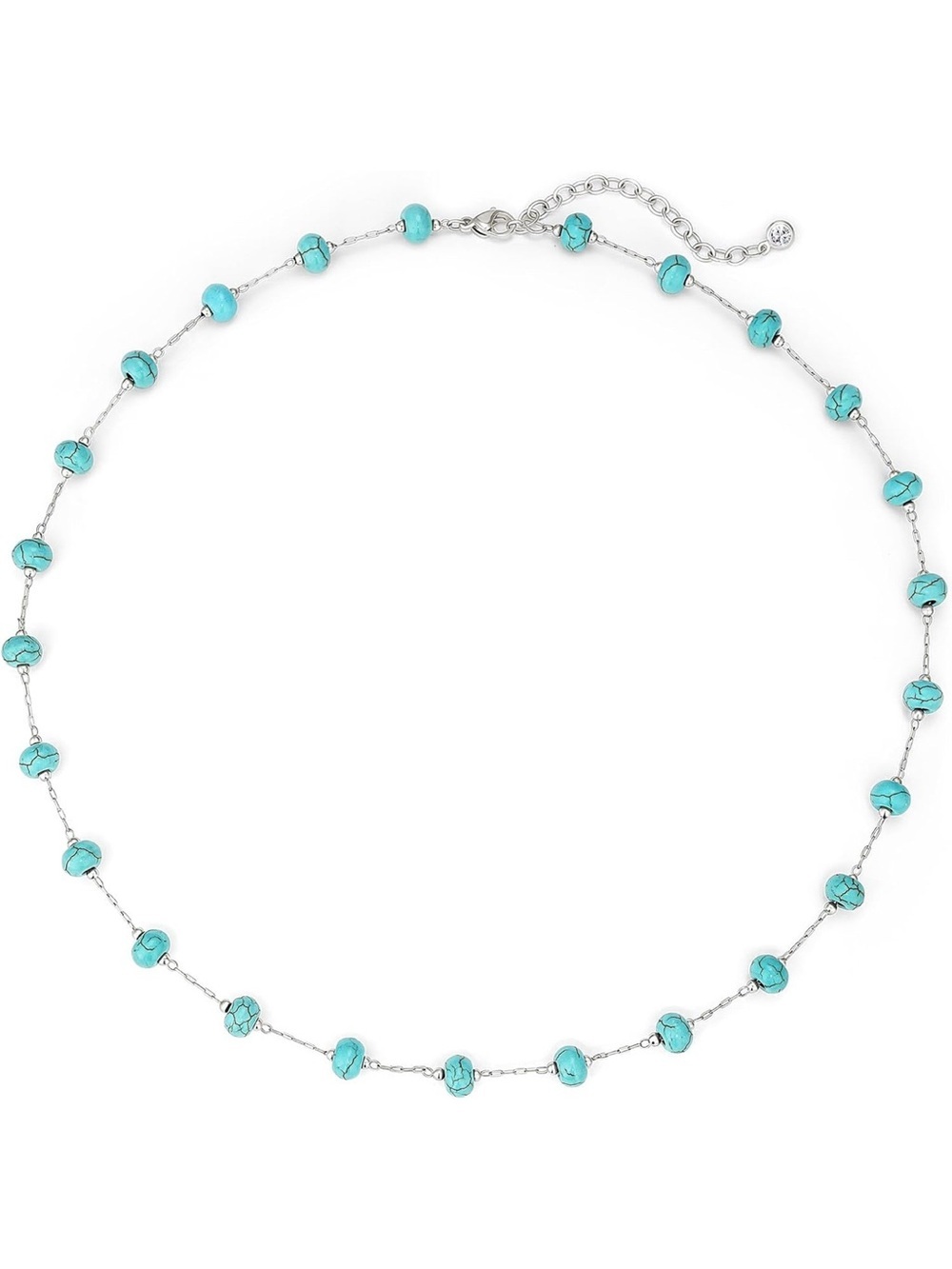 Turquoise Bead Station Boho Choker Necklace - Silver Plated